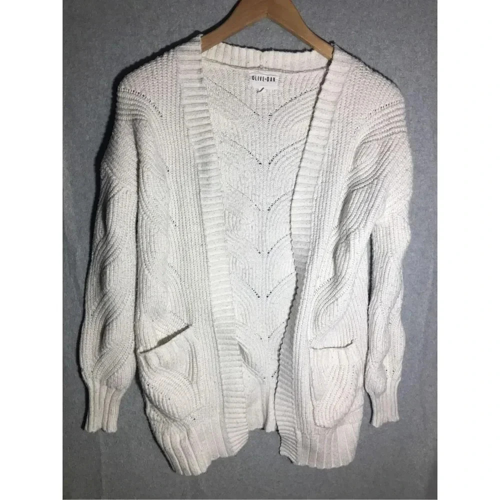 Womens Olive & Oak Cardigan Cable Knit White Thick Winter Layer Minimalist Boho